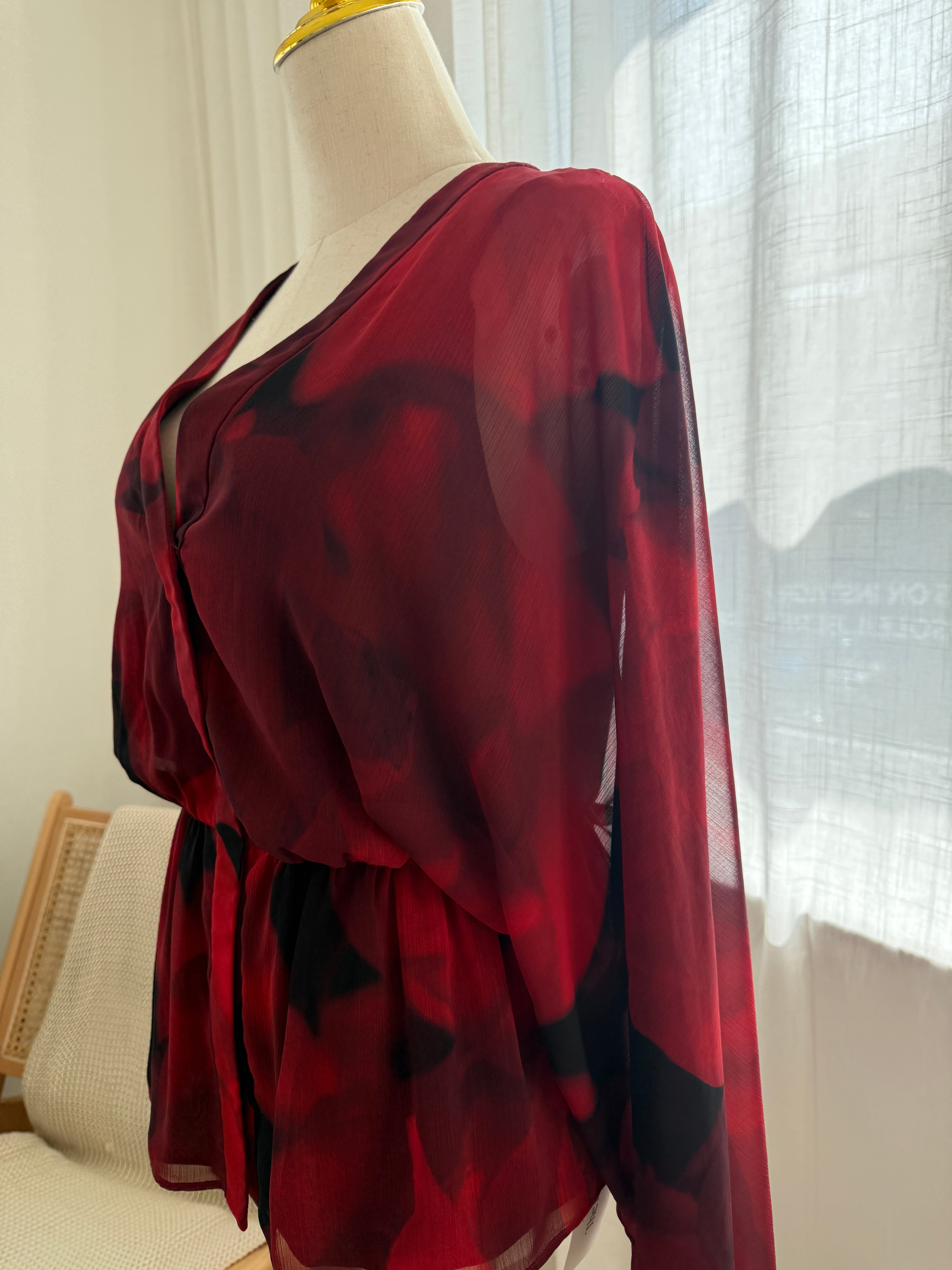 Alice + Olivia Red Printed Sheer Blouse with Plunge Neckline – Size S