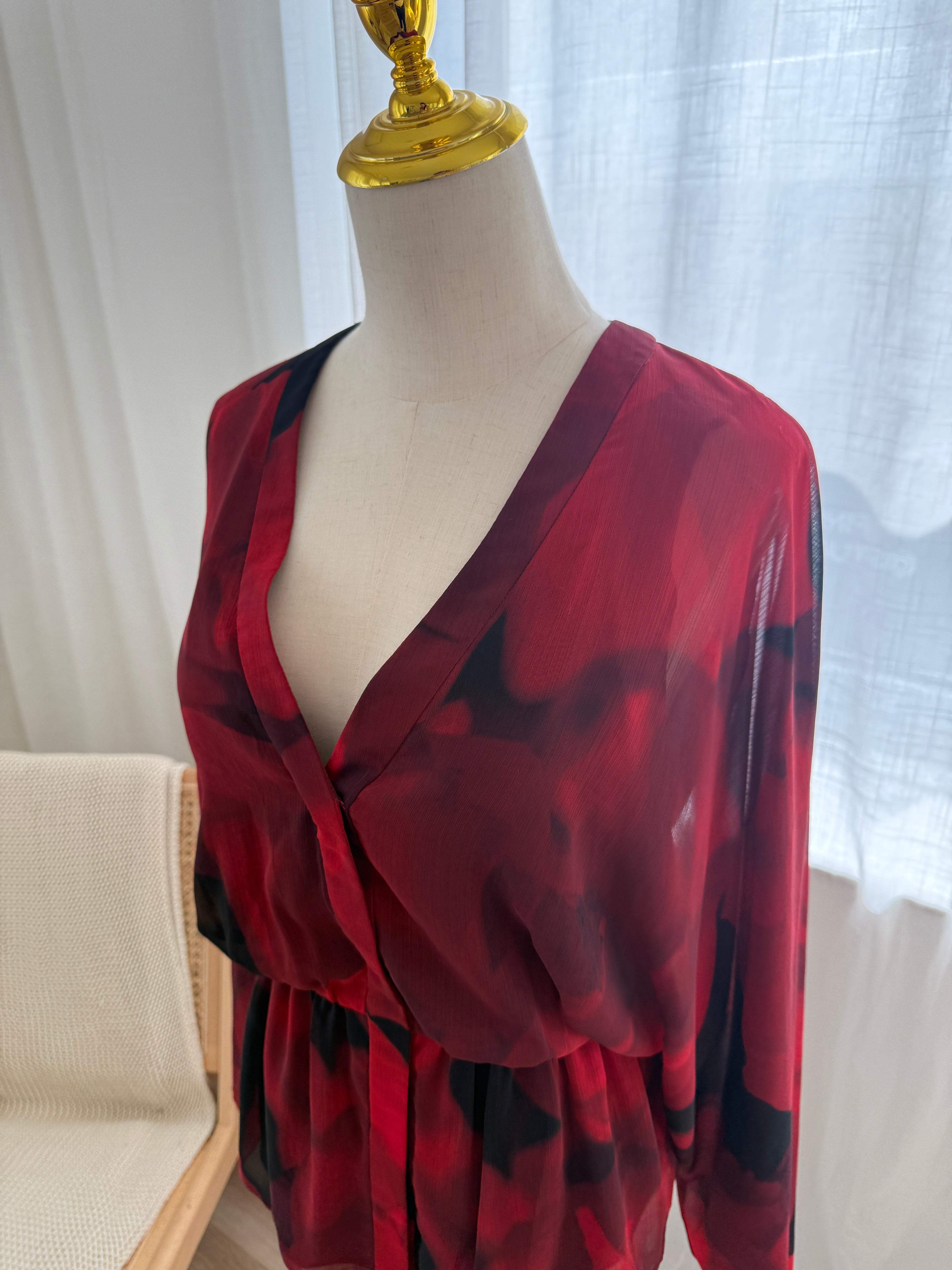 Alice + Olivia Red Printed Sheer Blouse with Plunge Neckline – Size S
