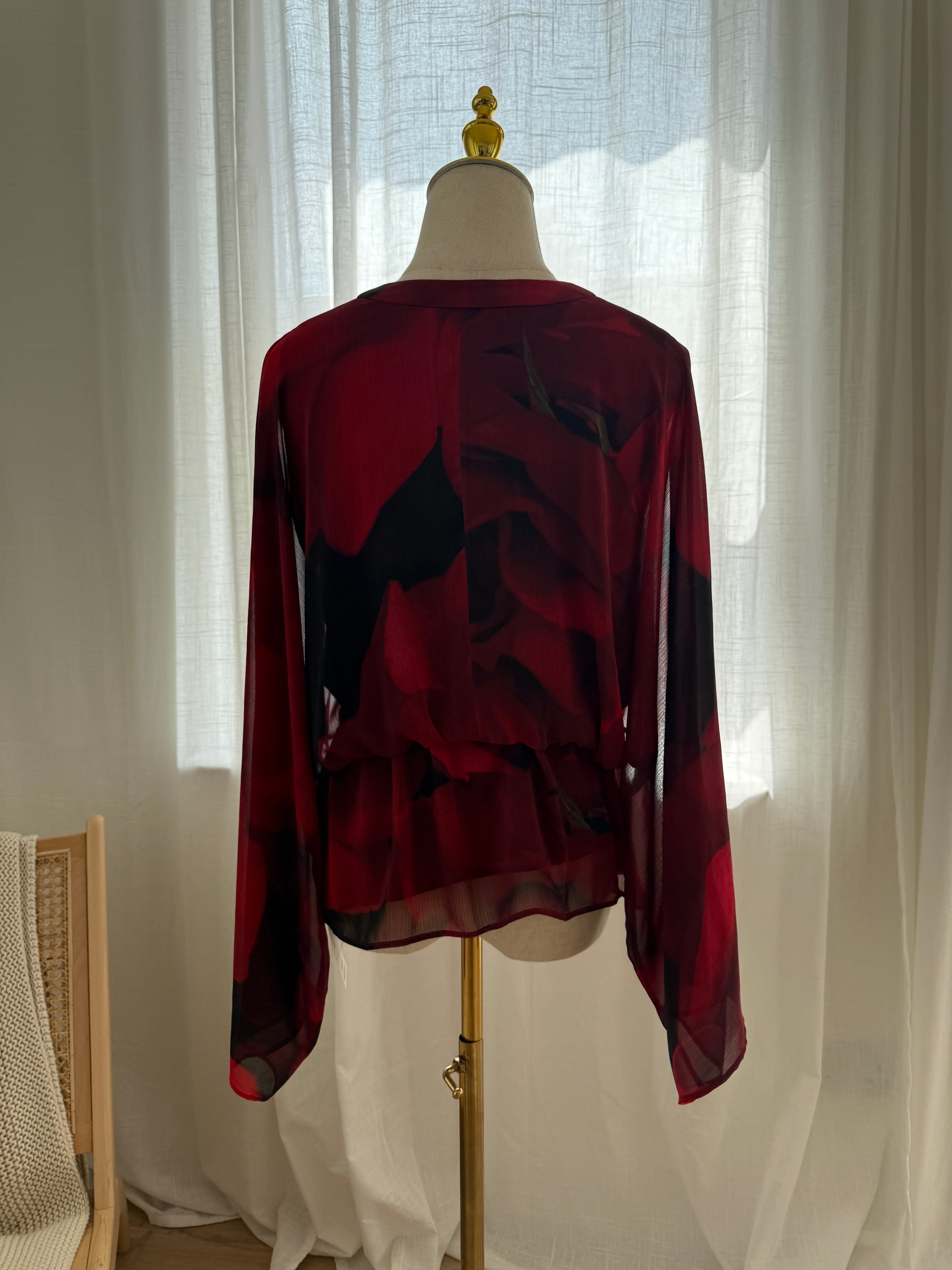 Alice + Olivia Red Printed Sheer Blouse with Plunge Neckline – Size S