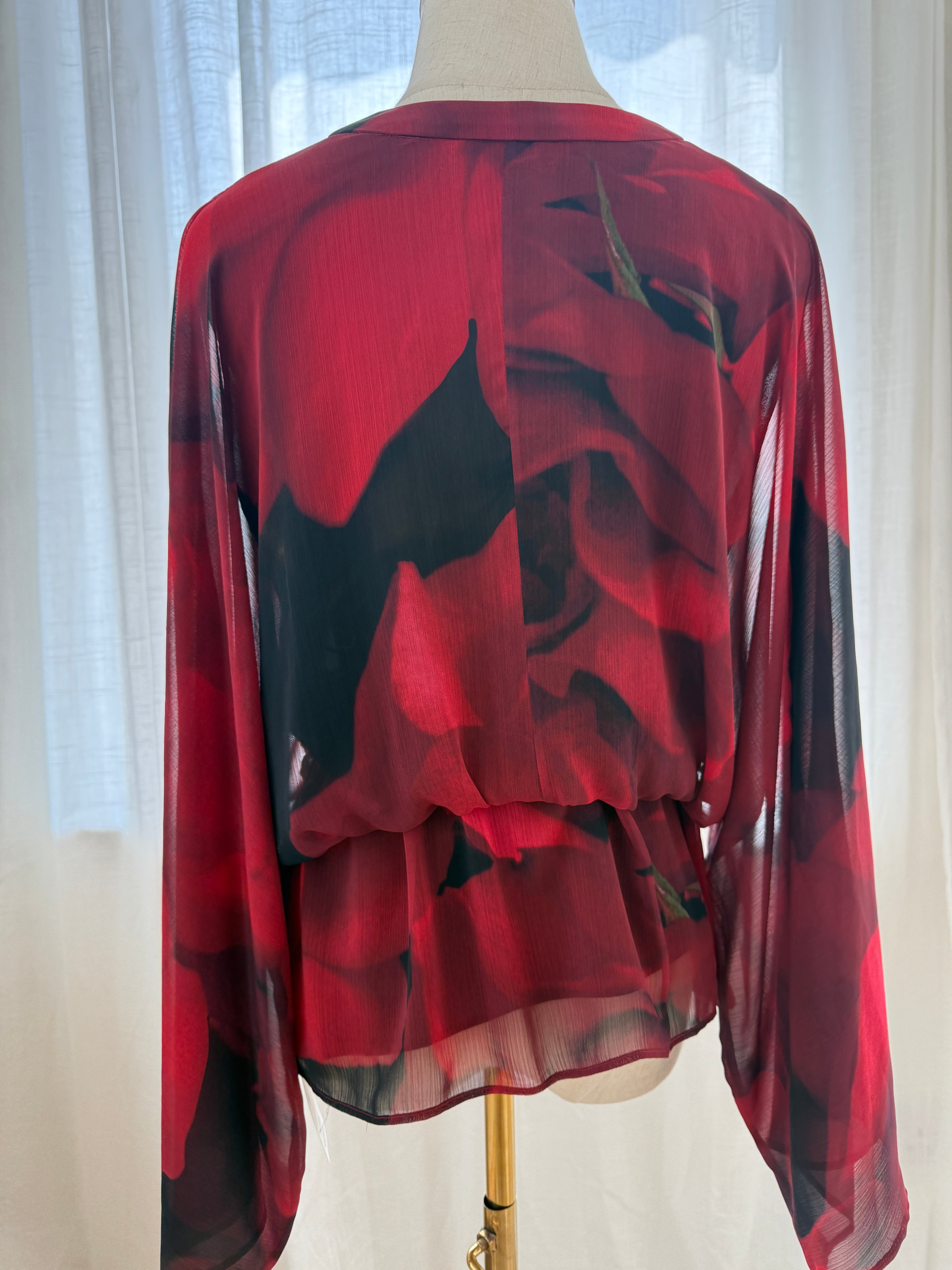 Alice + Olivia Red Printed Sheer Blouse with Plunge Neckline – Size S