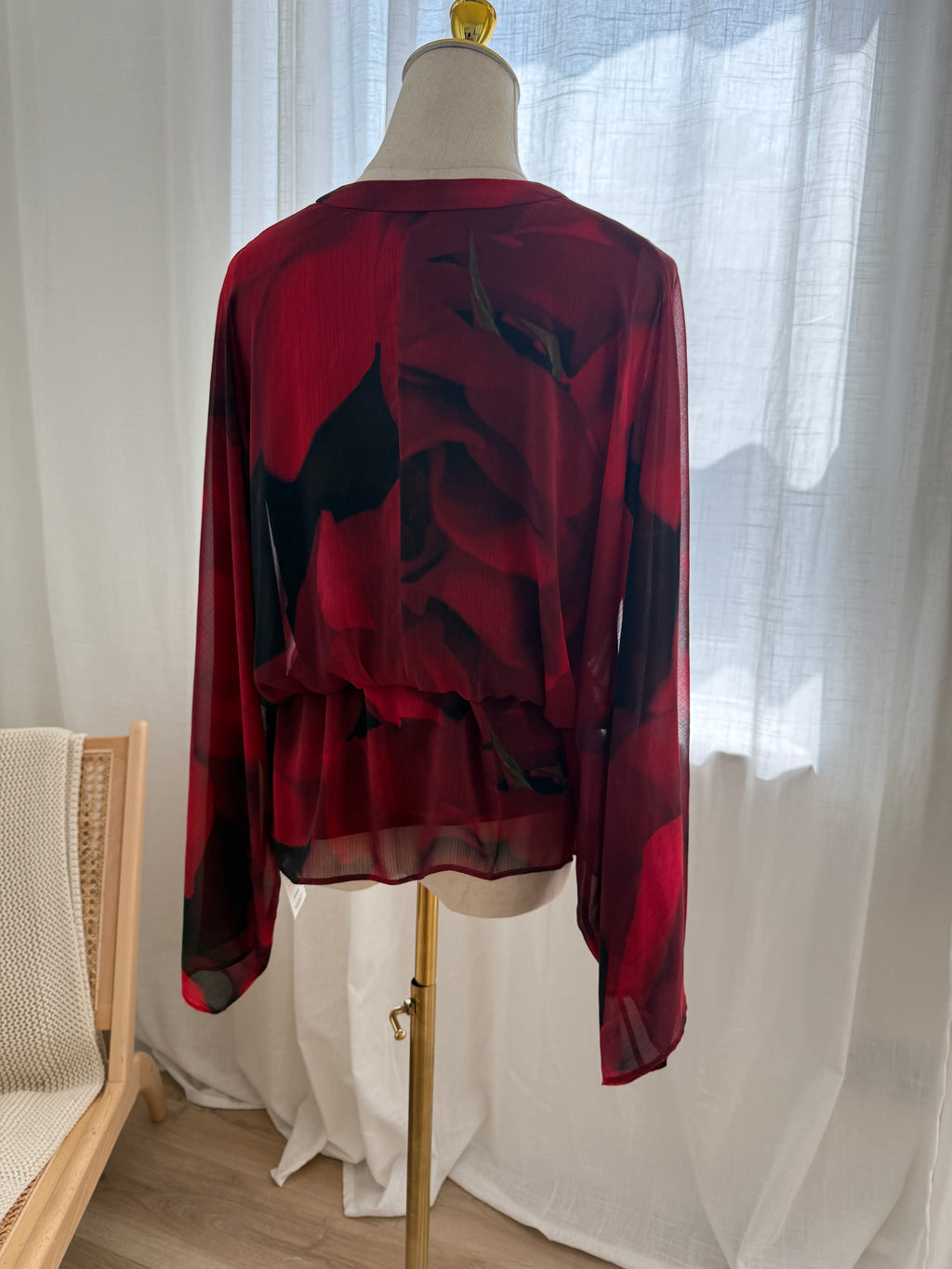 Alice + Olivia Red Printed Sheer Blouse with Plunge Neckline – Size S