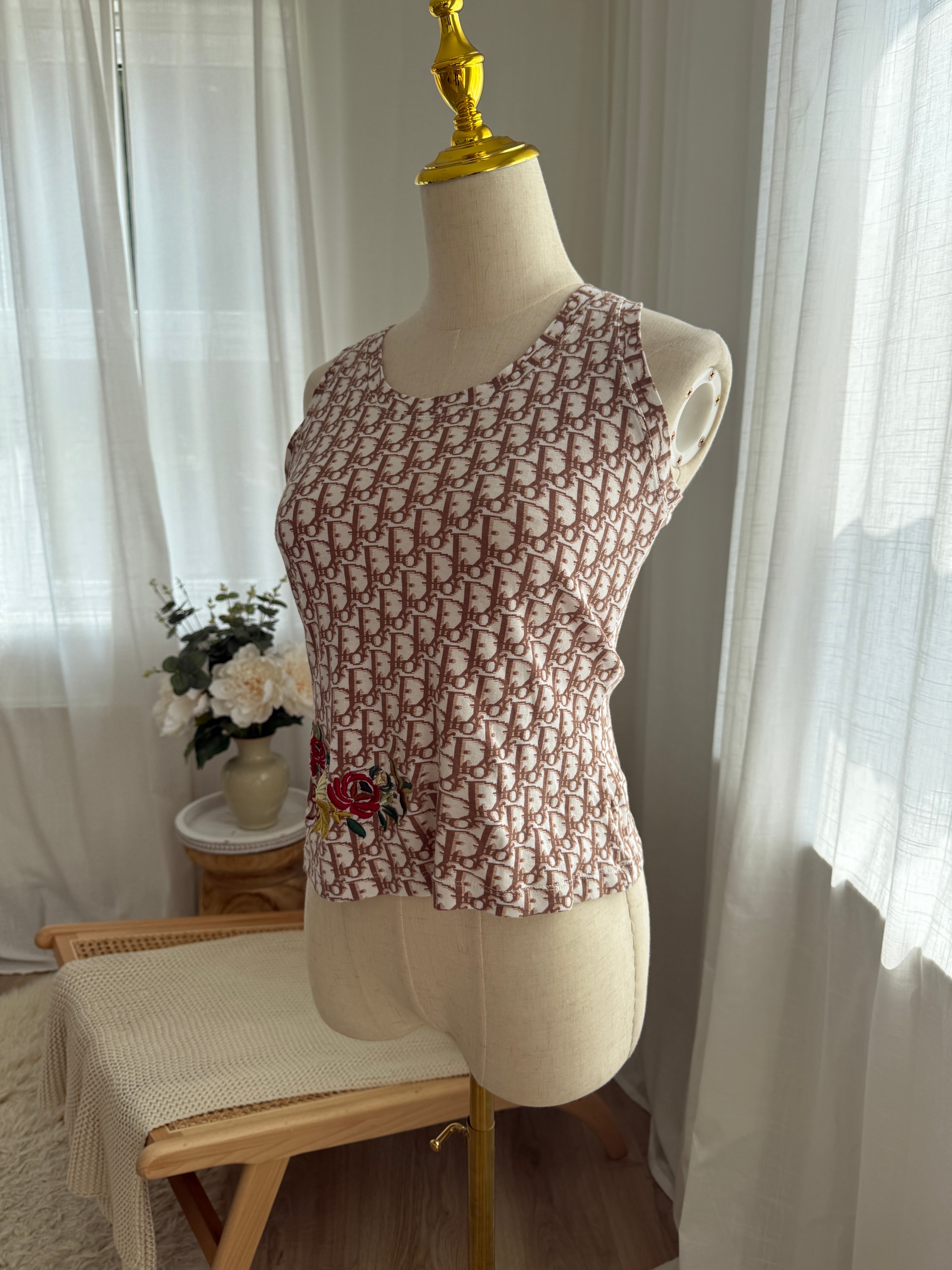 Christian Dior Vintage Oblique Logo Tank Top with Floral Embroidery – FR 38 / UK 10 / Medium