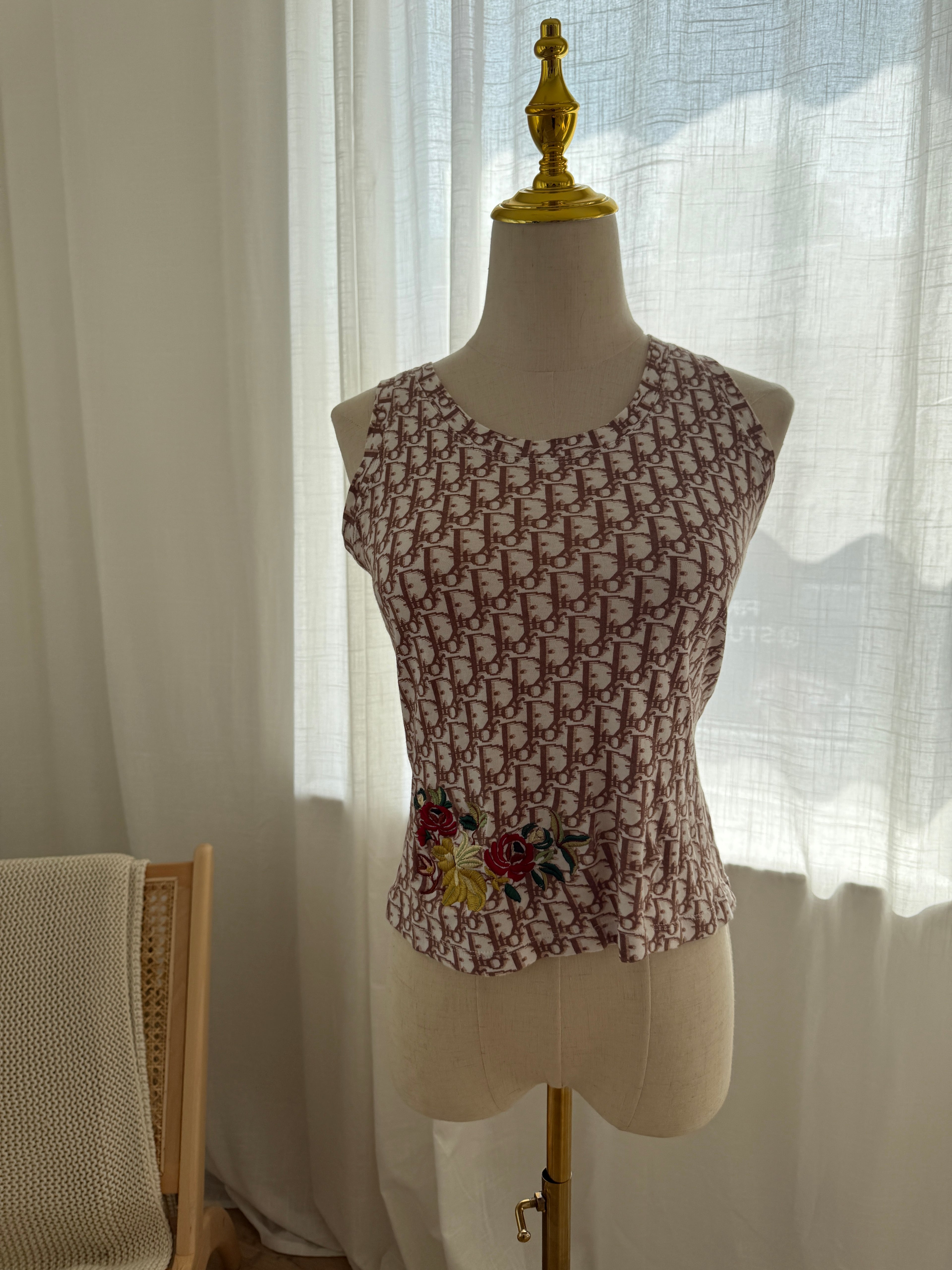 Christian Dior Vintage Oblique Logo Tank Top with Floral Embroidery – FR 38 / UK 10 / Medium
