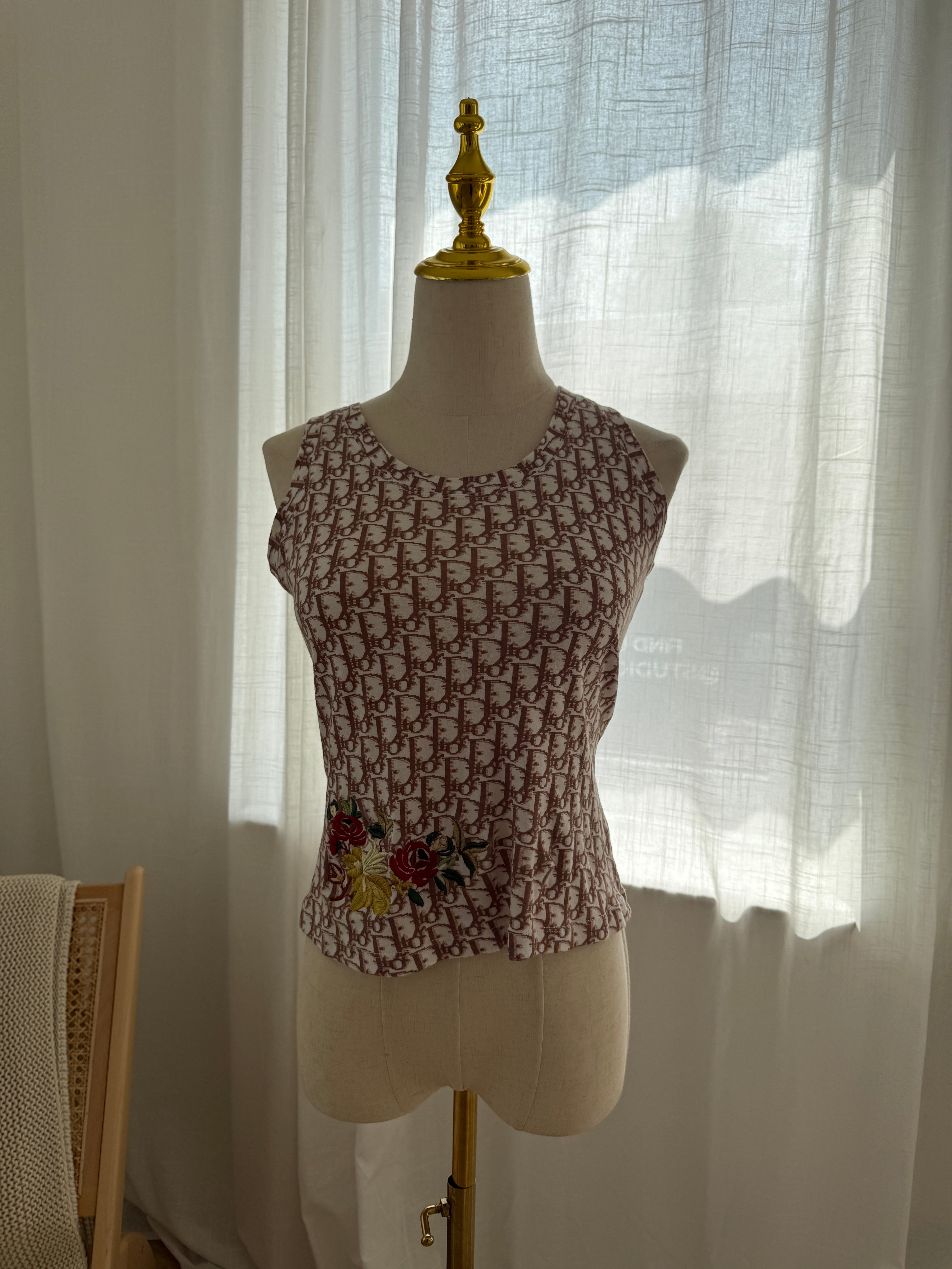 Christian Dior Vintage Oblique Logo Tank Top with Floral Embroidery – FR 38 / UK 10 / Medium