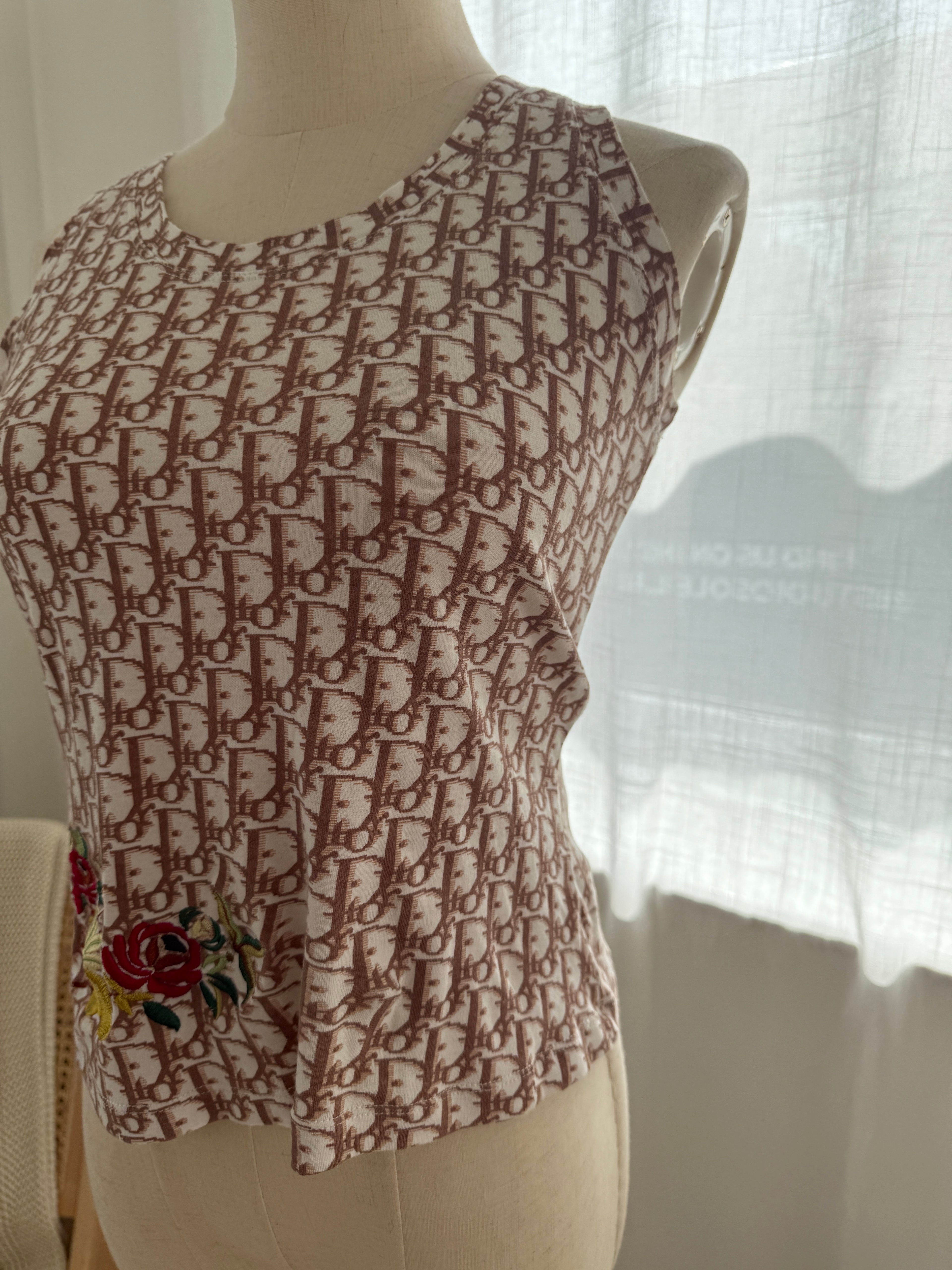 Christian Dior Vintage Oblique Logo Tank Top with Floral Embroidery – FR 38 / UK 10 / Medium
