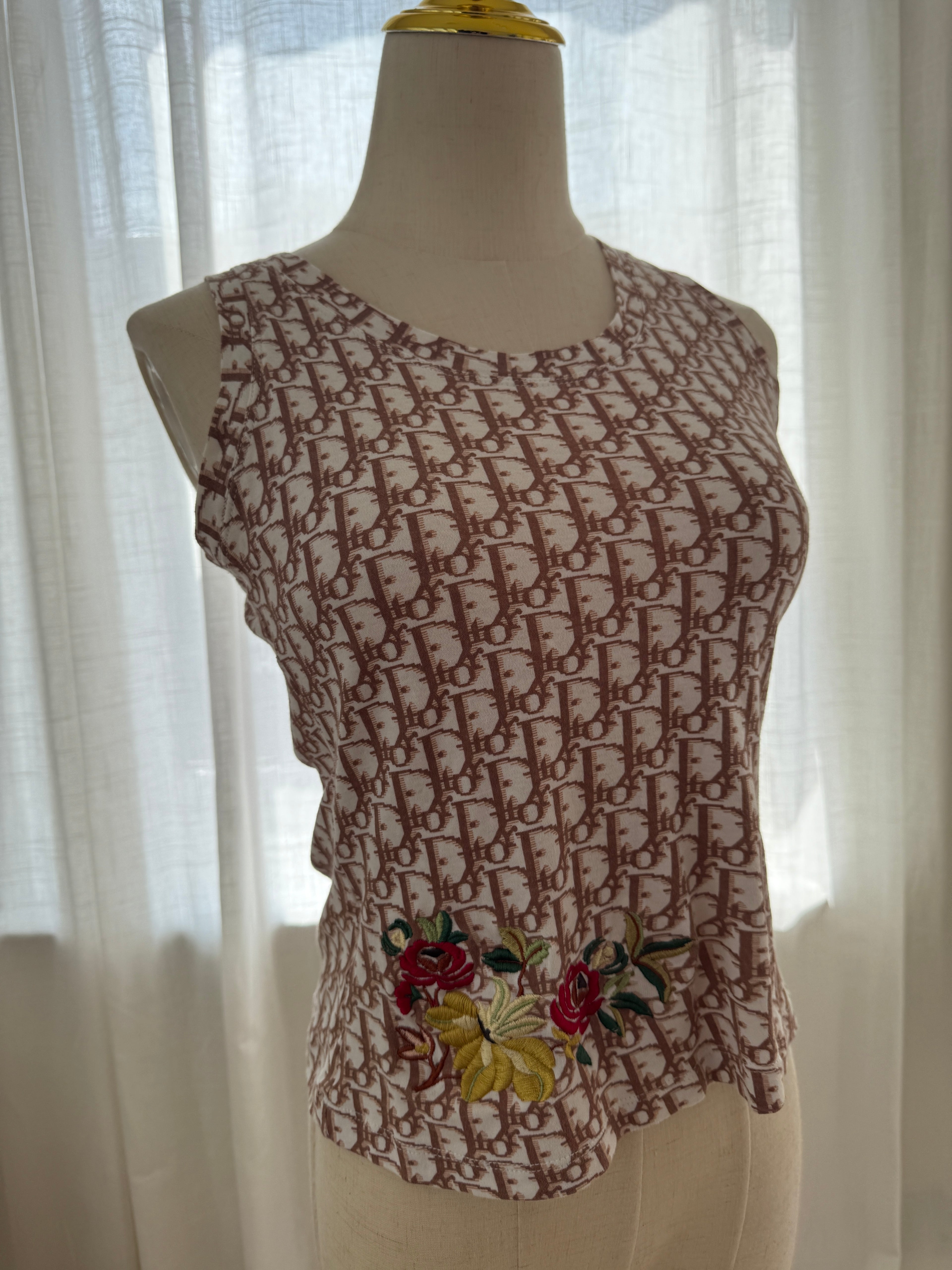 Christian Dior Vintage Oblique Logo Tank Top with Floral Embroidery – FR 38 / UK 10 / Medium