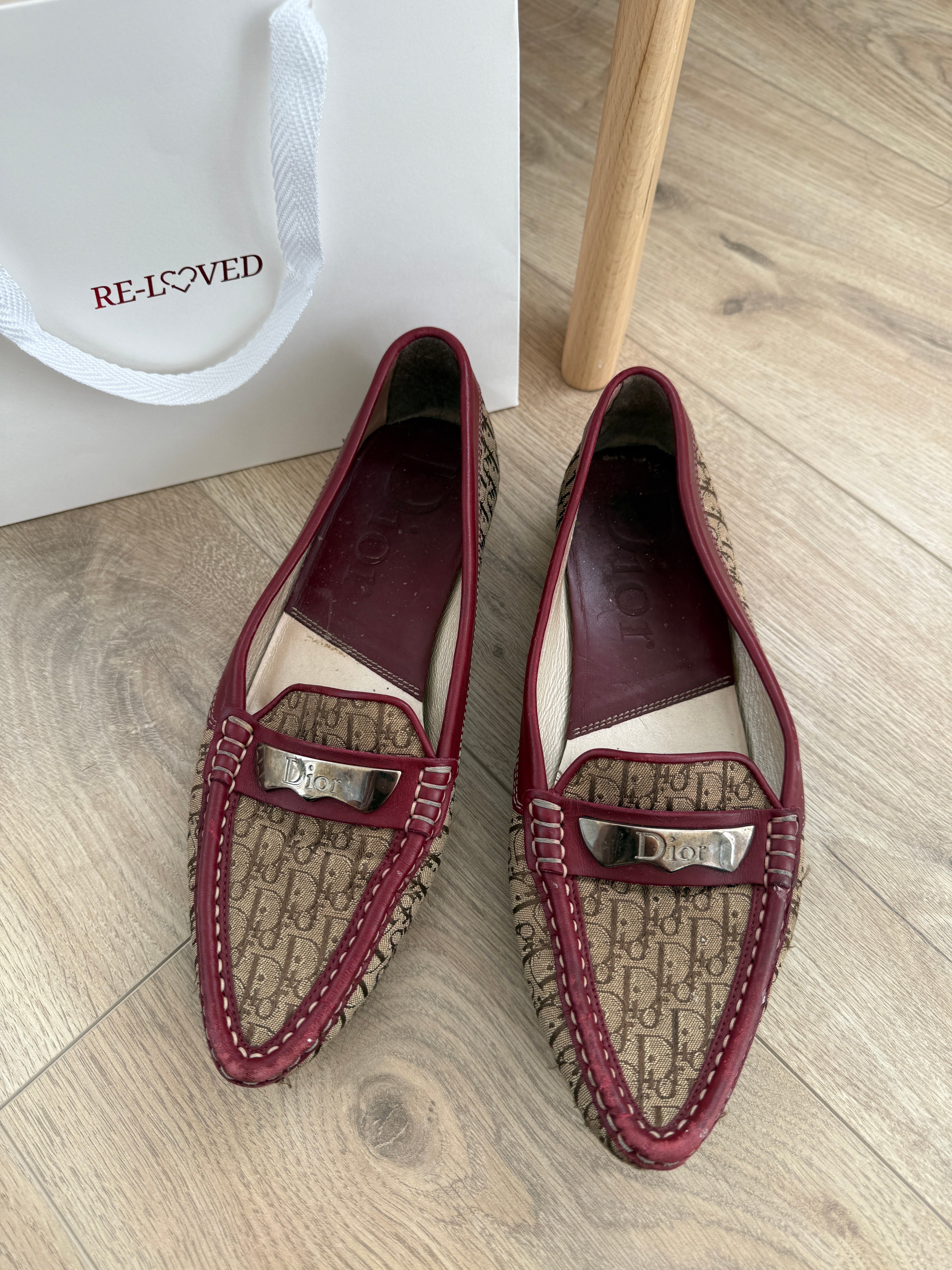 Christian Dior Vintage Canvas Monogram Loafers with Burgundy Leather Trim – UK 5
