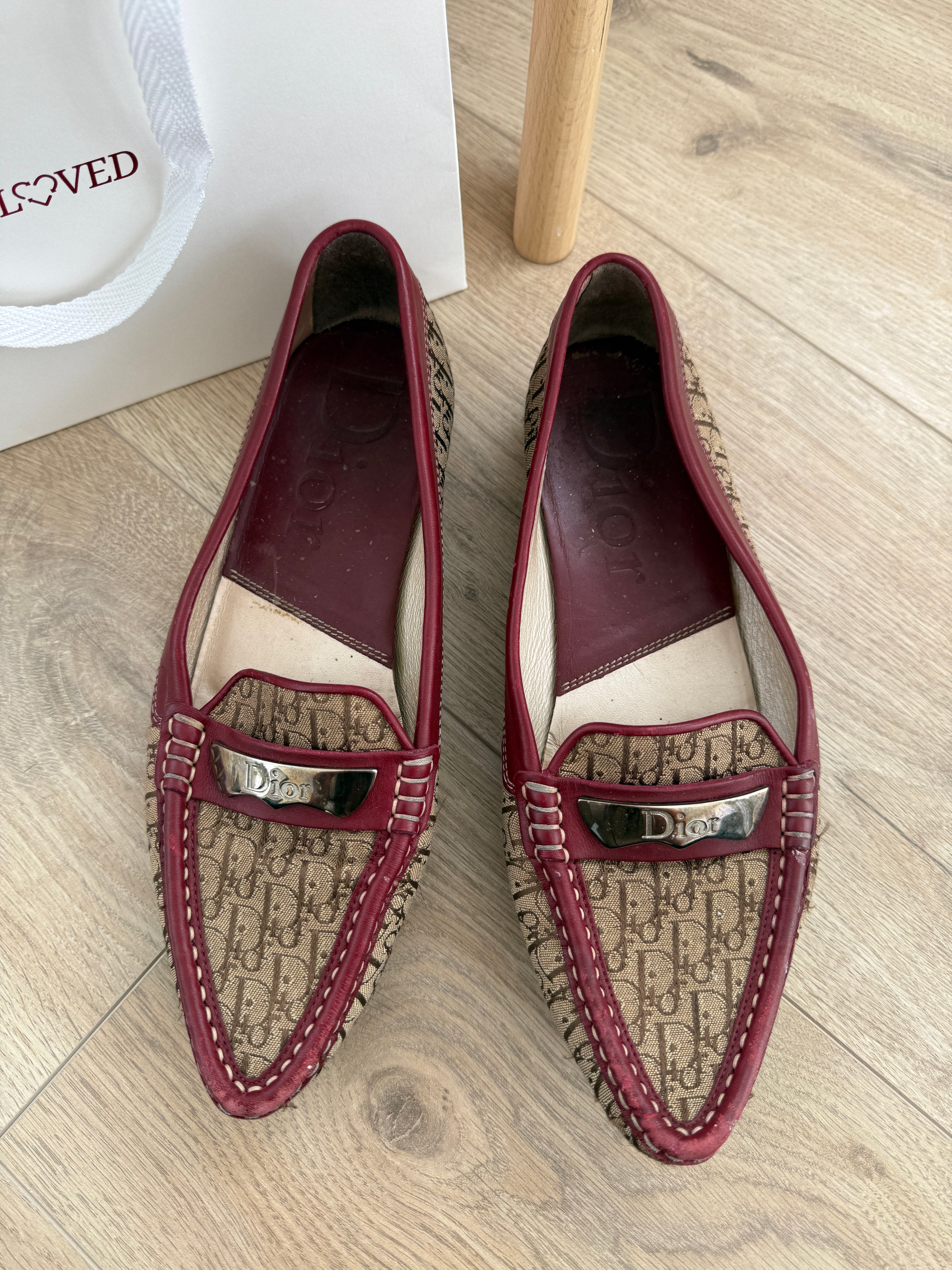 Christian Dior Vintage Canvas Monogram Loafers with Burgundy Leather Trim – UK 5