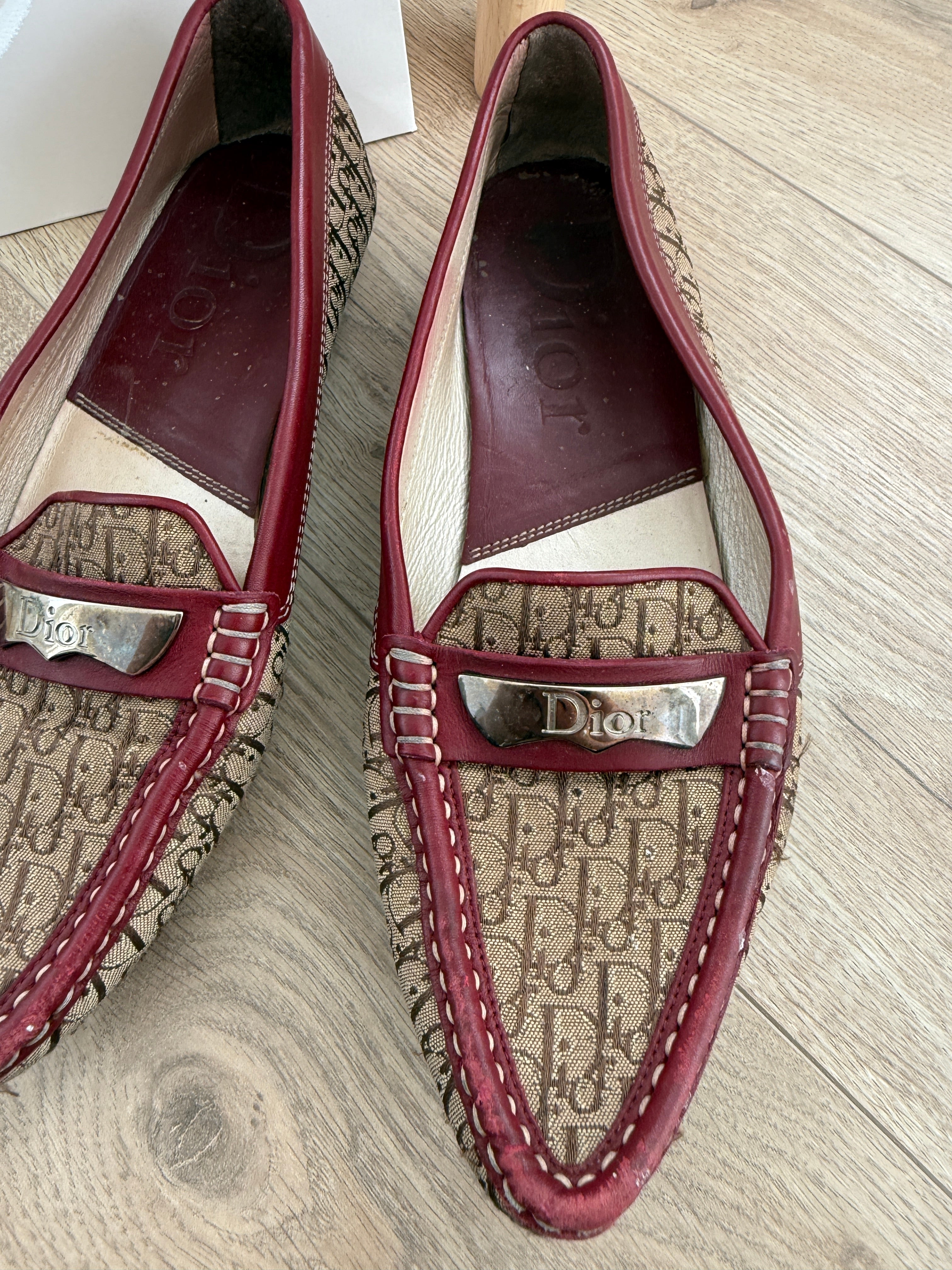 Christian Dior Vintage Canvas Monogram Loafers with Burgundy Leather Trim – UK 5