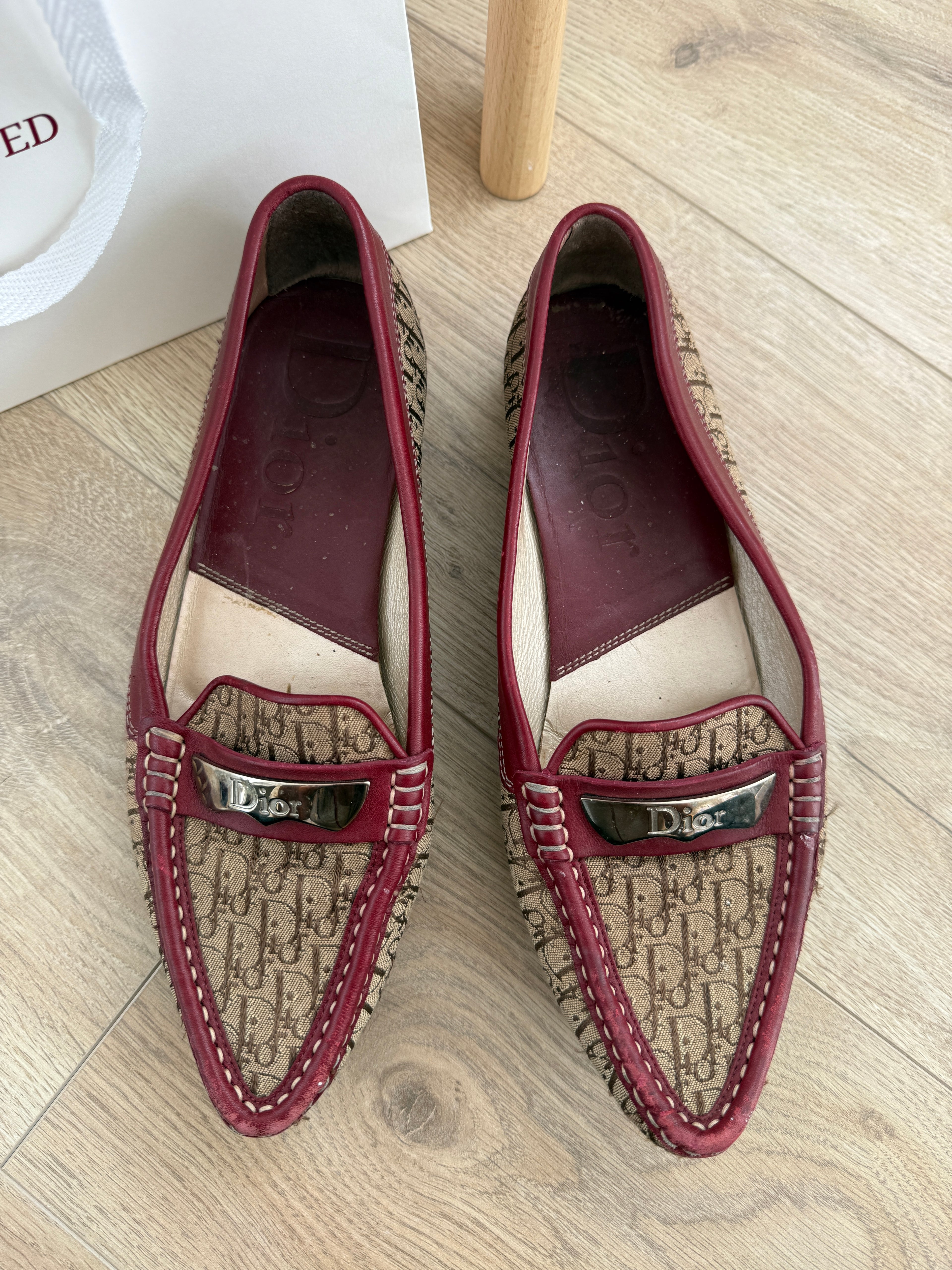 Christian Dior Vintage Canvas Monogram Loafers with Burgundy Leather Trim – UK 5