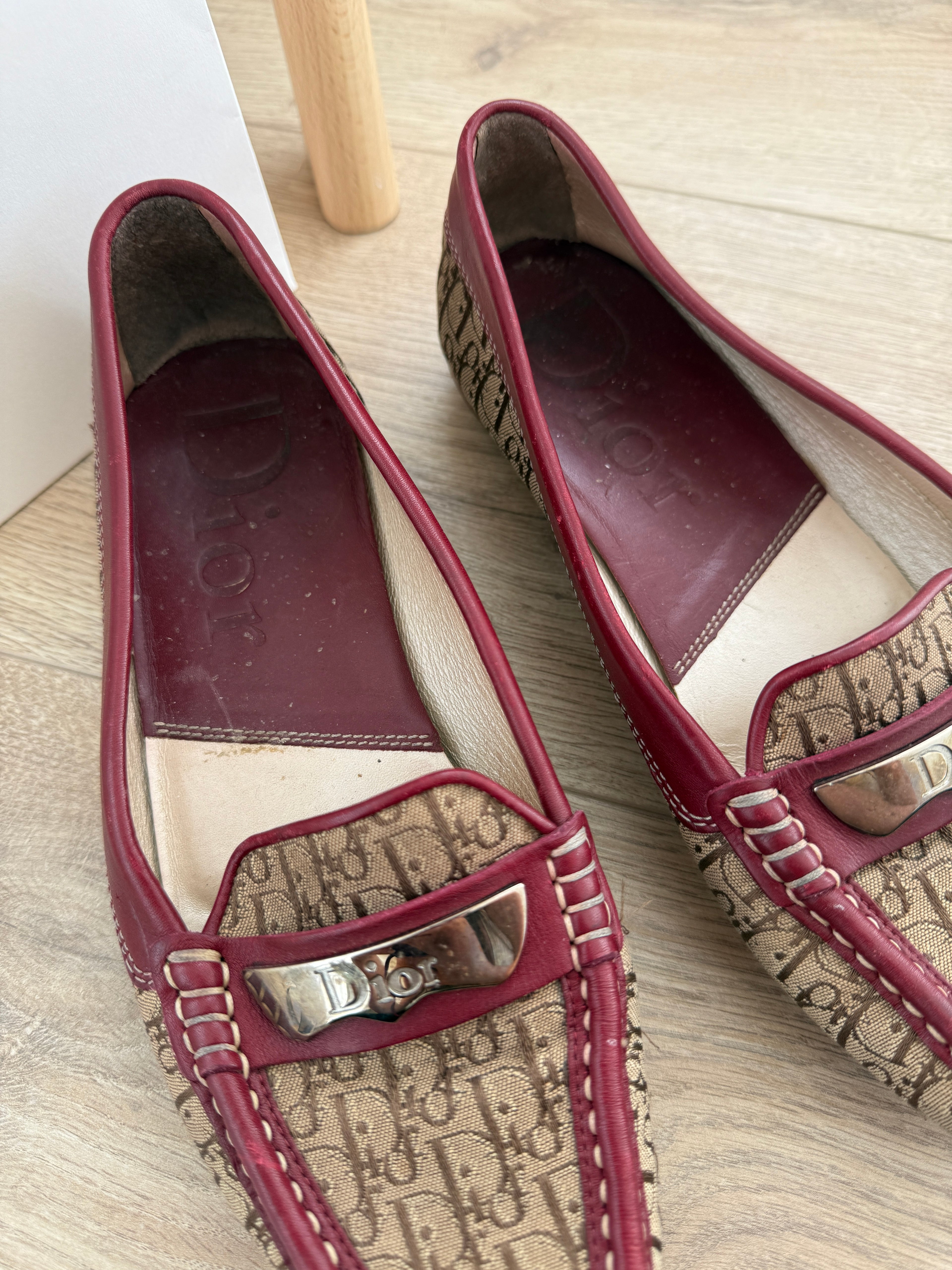 Christian Dior Vintage Canvas Monogram Loafers with Burgundy Leather Trim – UK 5