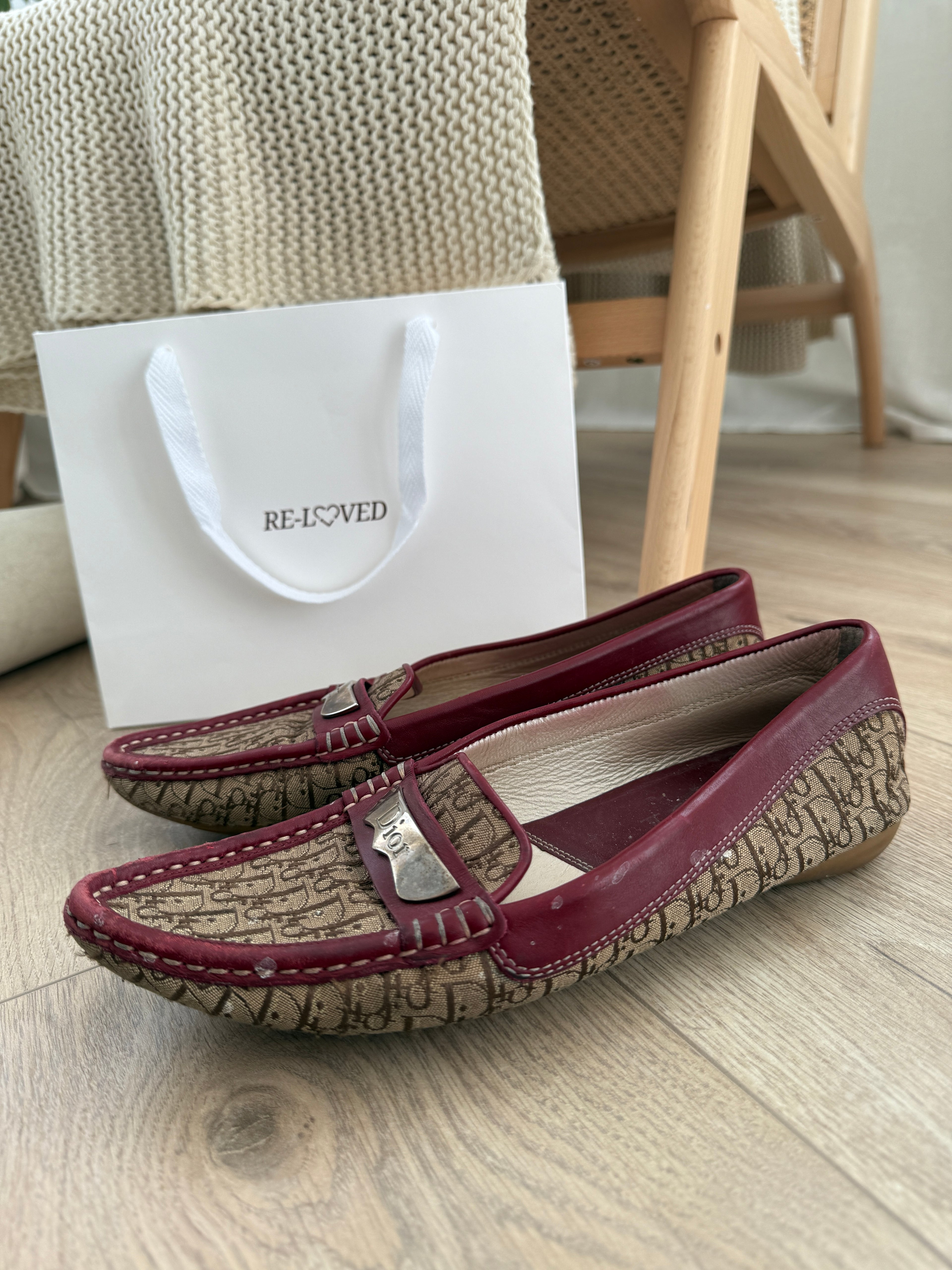 Christian Dior Vintage Canvas Monogram Loafers with Burgundy Leather Trim – UK 5