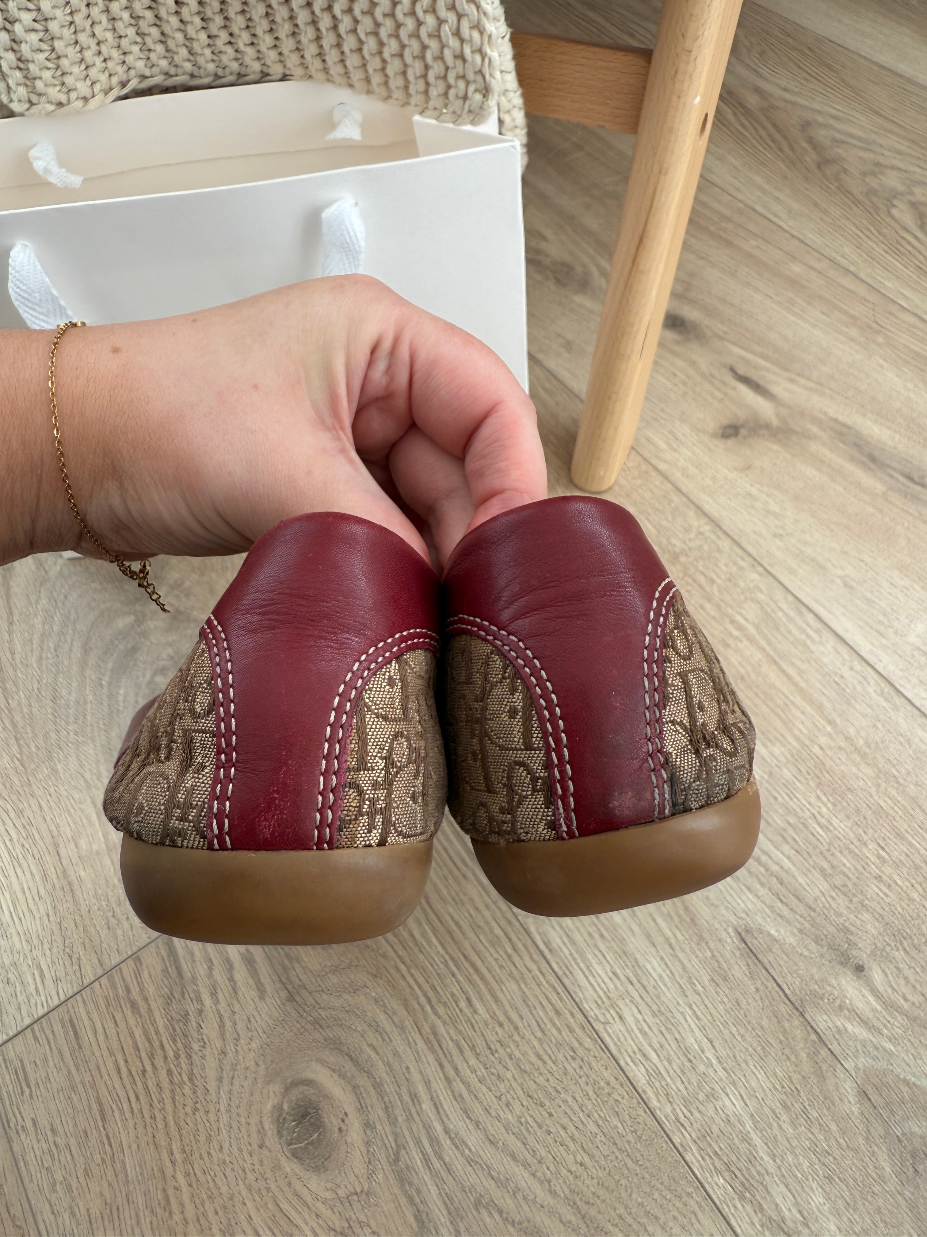 Christian Dior Vintage Canvas Monogram Loafers with Burgundy Leather Trim – UK 5