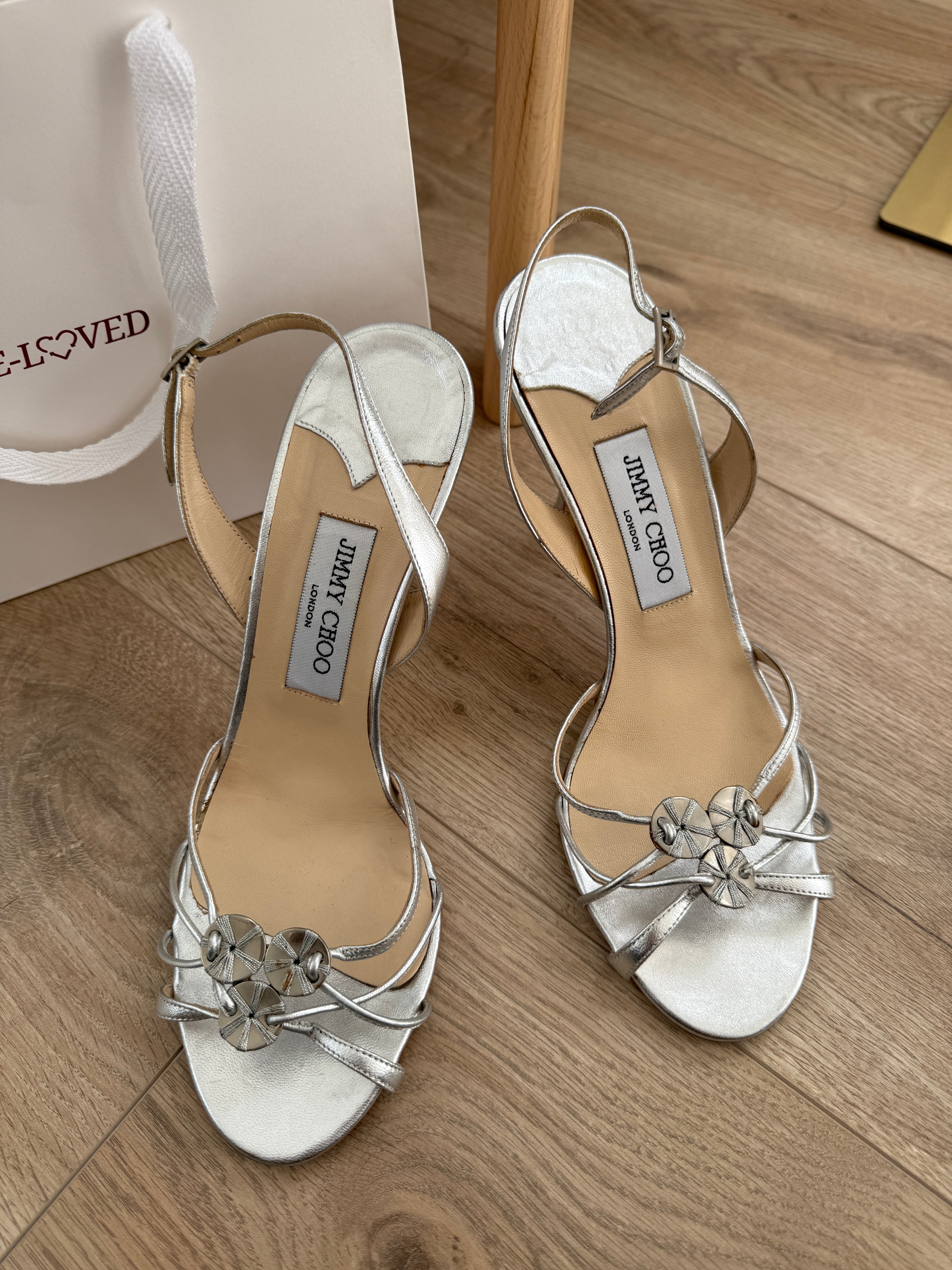 Jimmy Choo Silver Strappy Sandals with Crystal Detail – EU 39.5 / UK 6