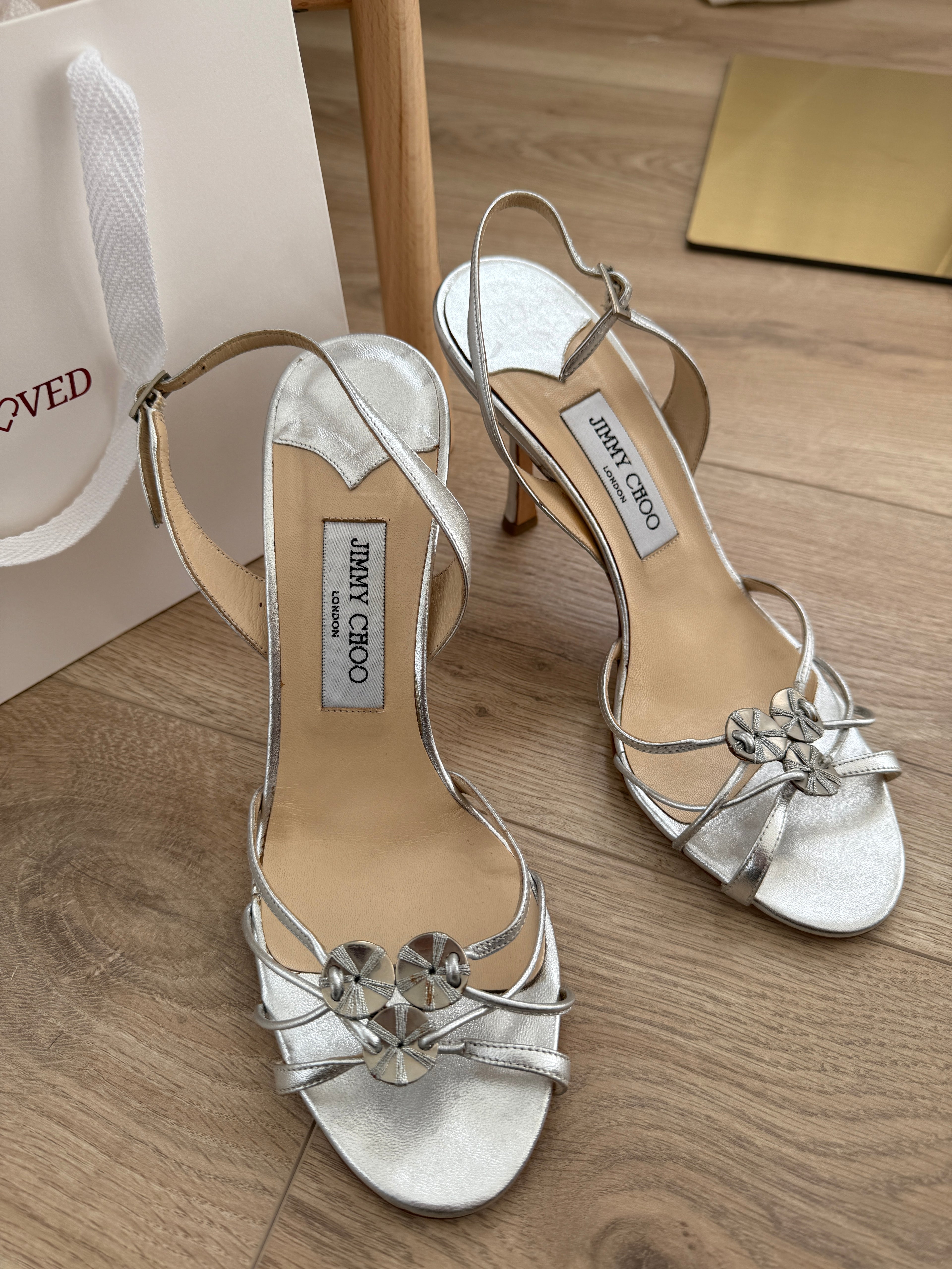 Jimmy Choo Silver Strappy Sandals with Crystal Detail – EU 39.5 / UK 6
