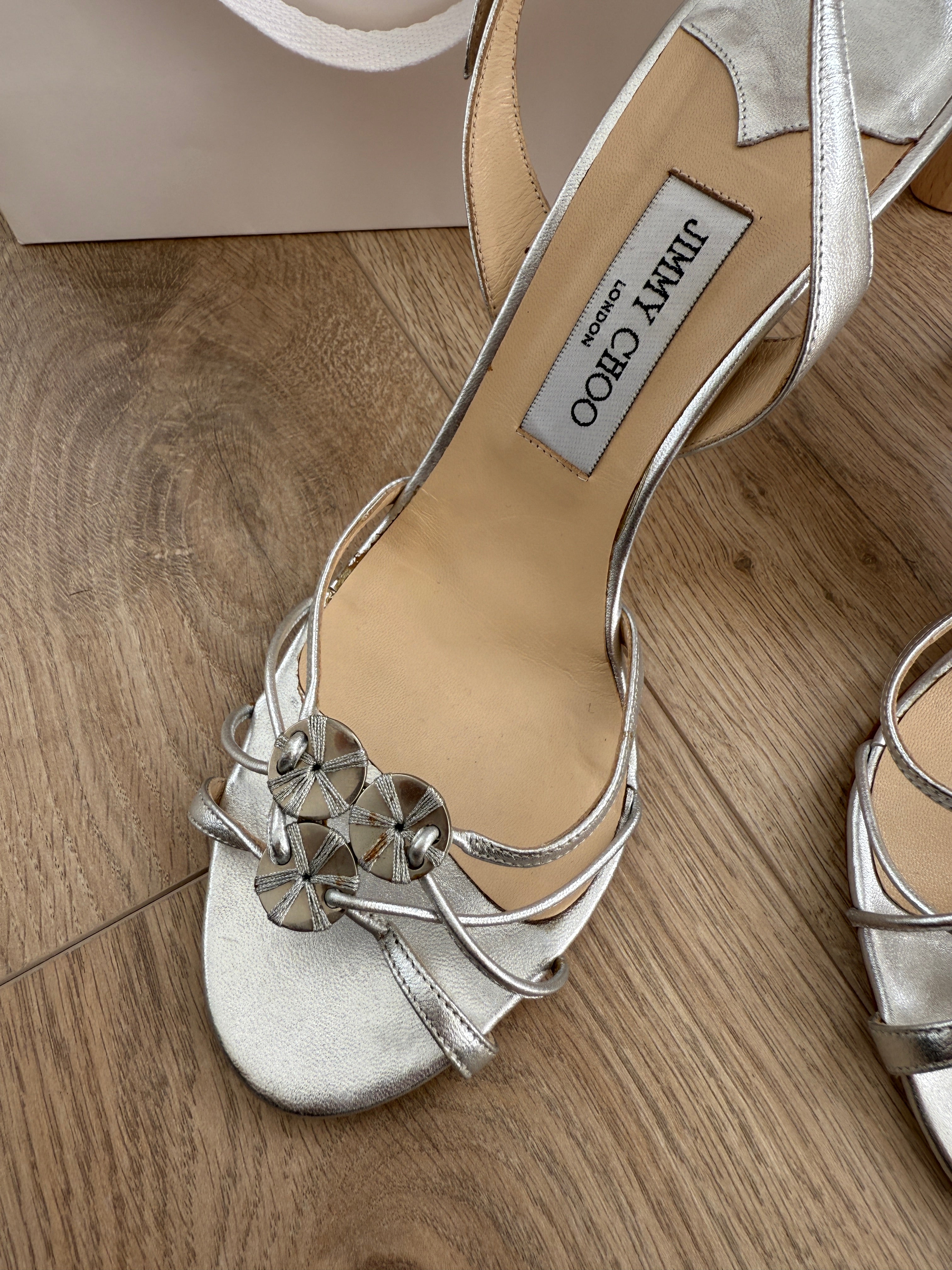 Jimmy Choo Silver Strappy Sandals with Crystal Detail – EU 39.5 / UK 6