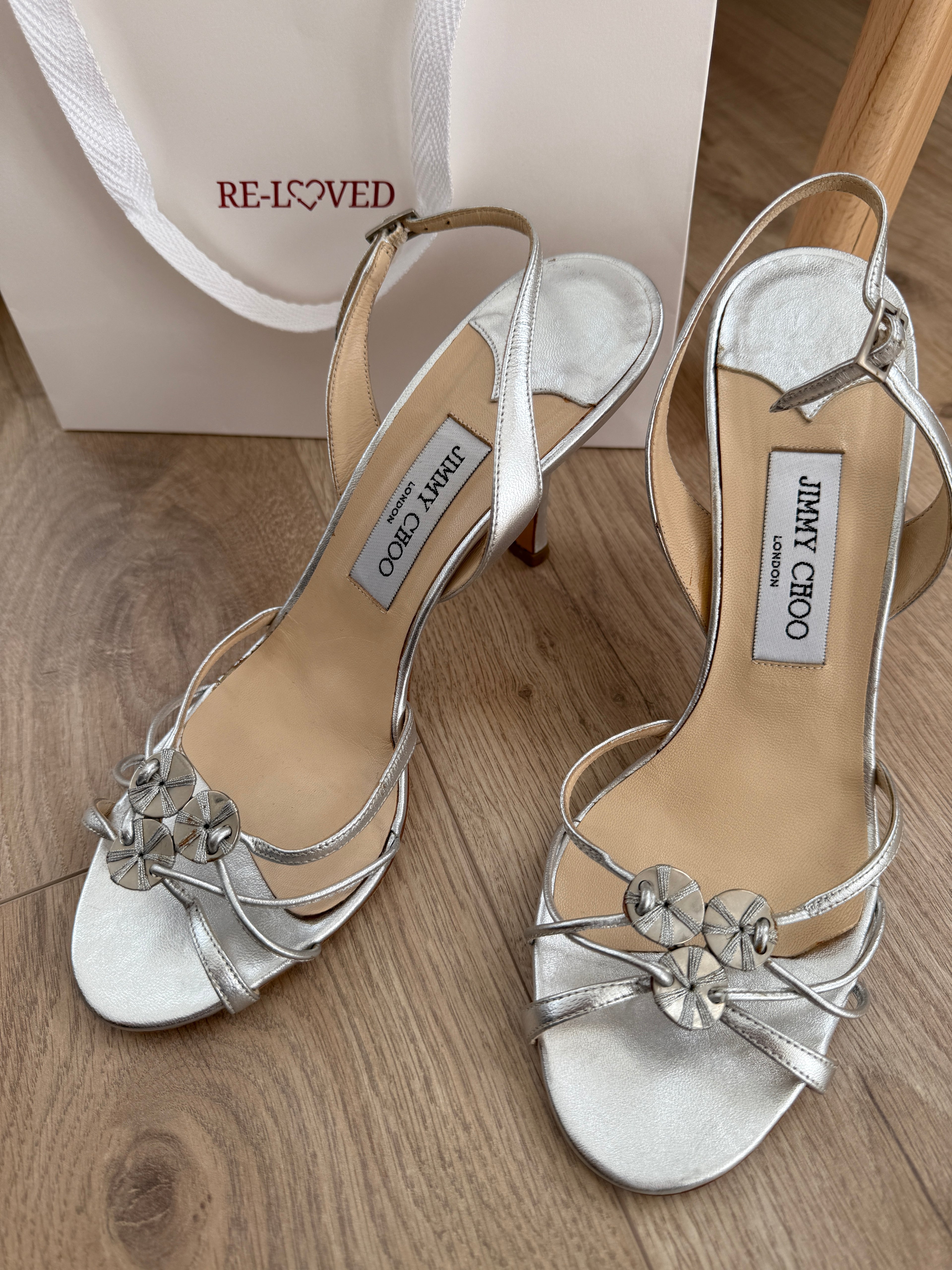 Jimmy Choo Silver Strappy Sandals with Crystal Detail – EU 39.5 / UK 6