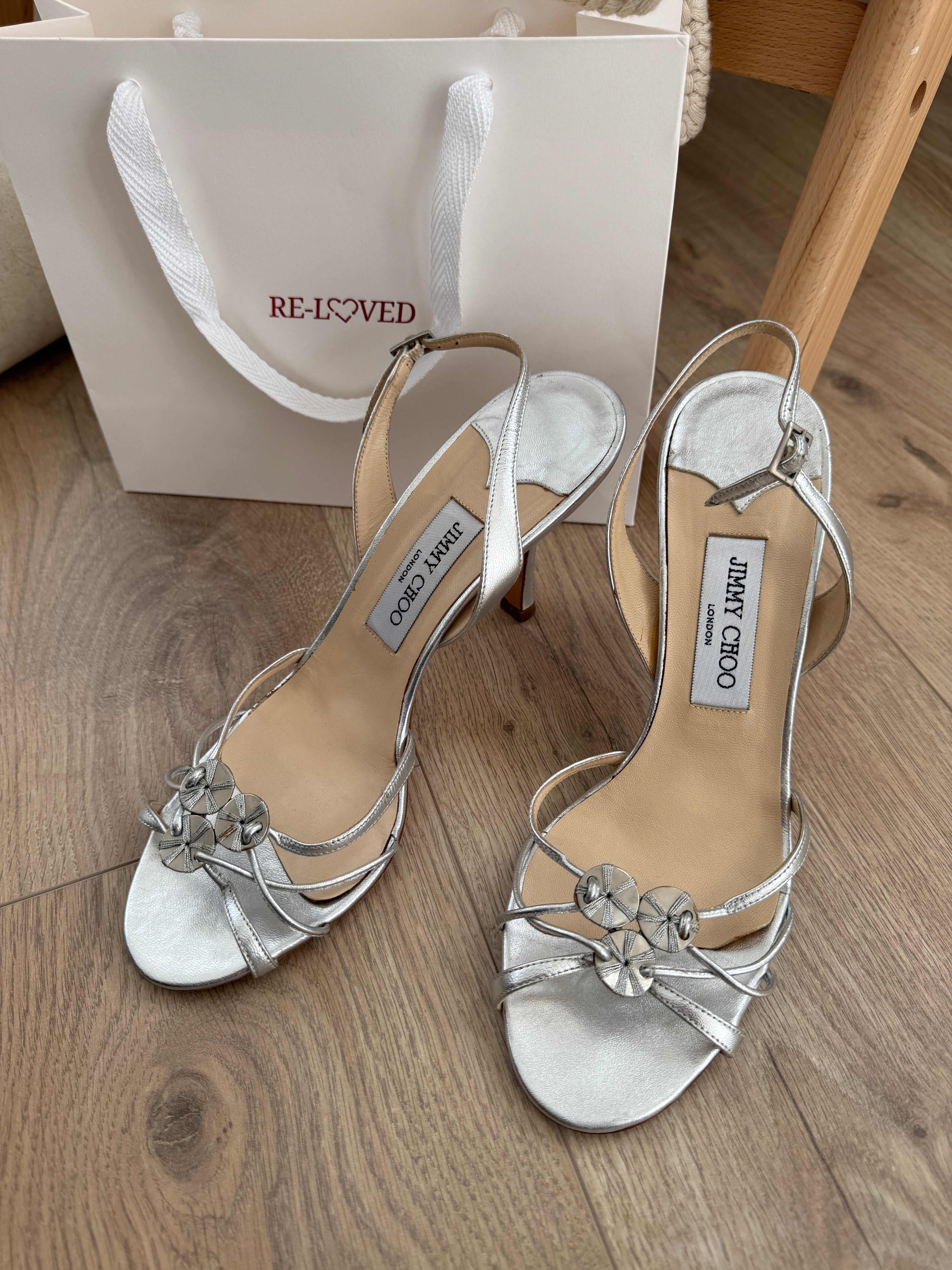 Jimmy Choo Silver Strappy Sandals with Crystal Detail – EU 39.5 / UK 6