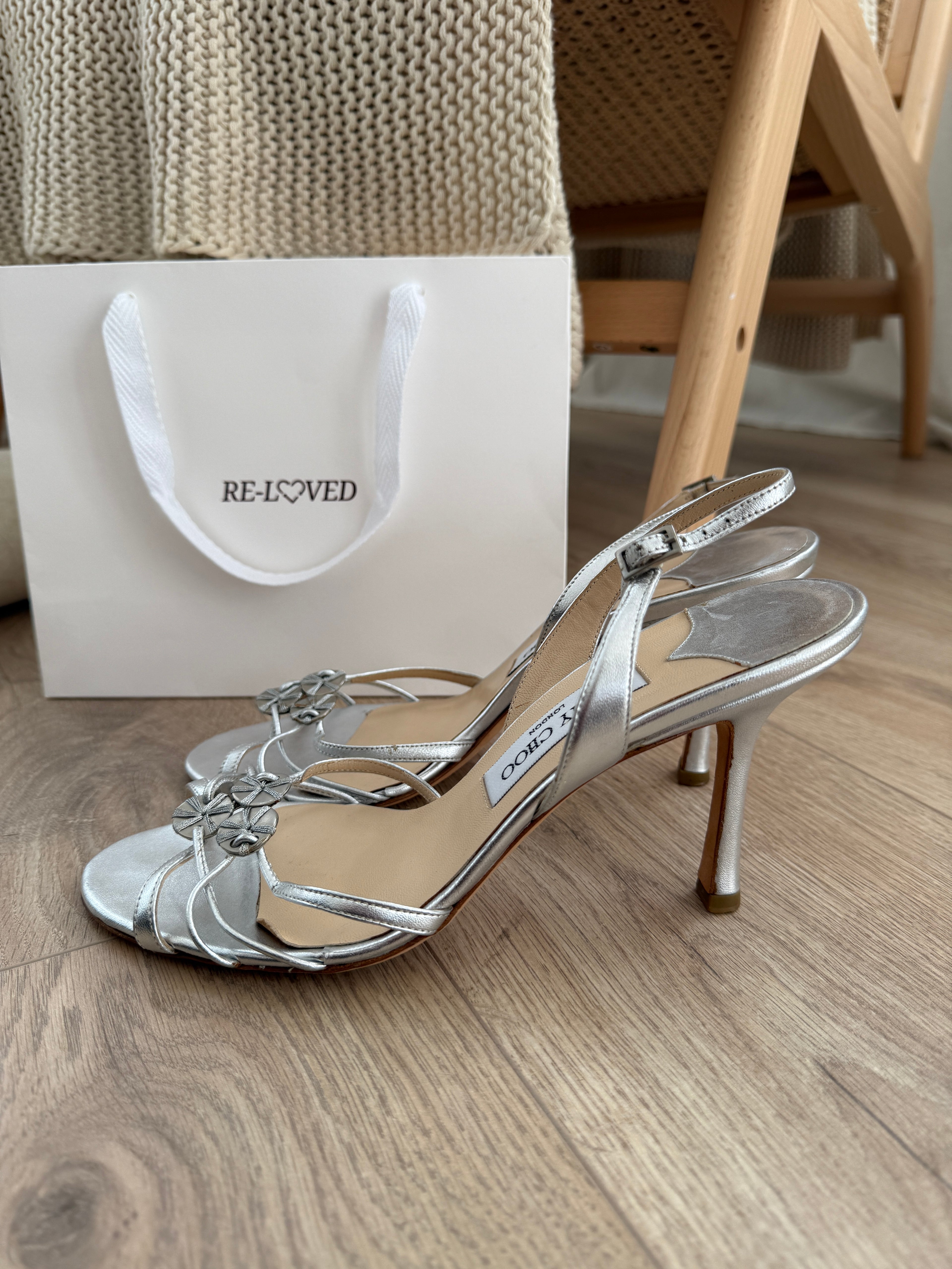 Jimmy Choo Silver Strappy Sandals with Crystal Detail – EU 39.5 / UK 6