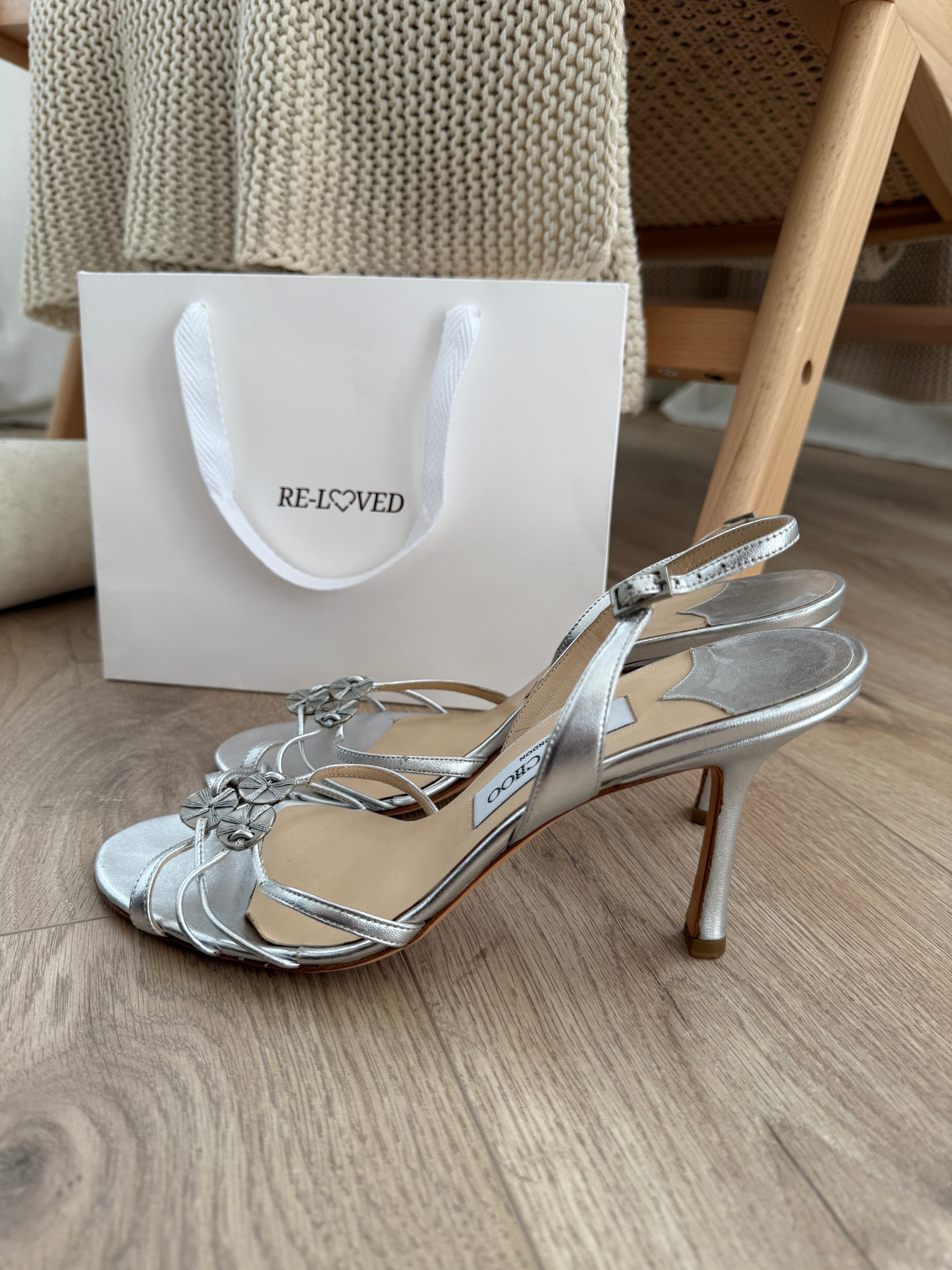 Jimmy Choo Silver Strappy Sandals with Crystal Detail – EU 39.5 / UK 6