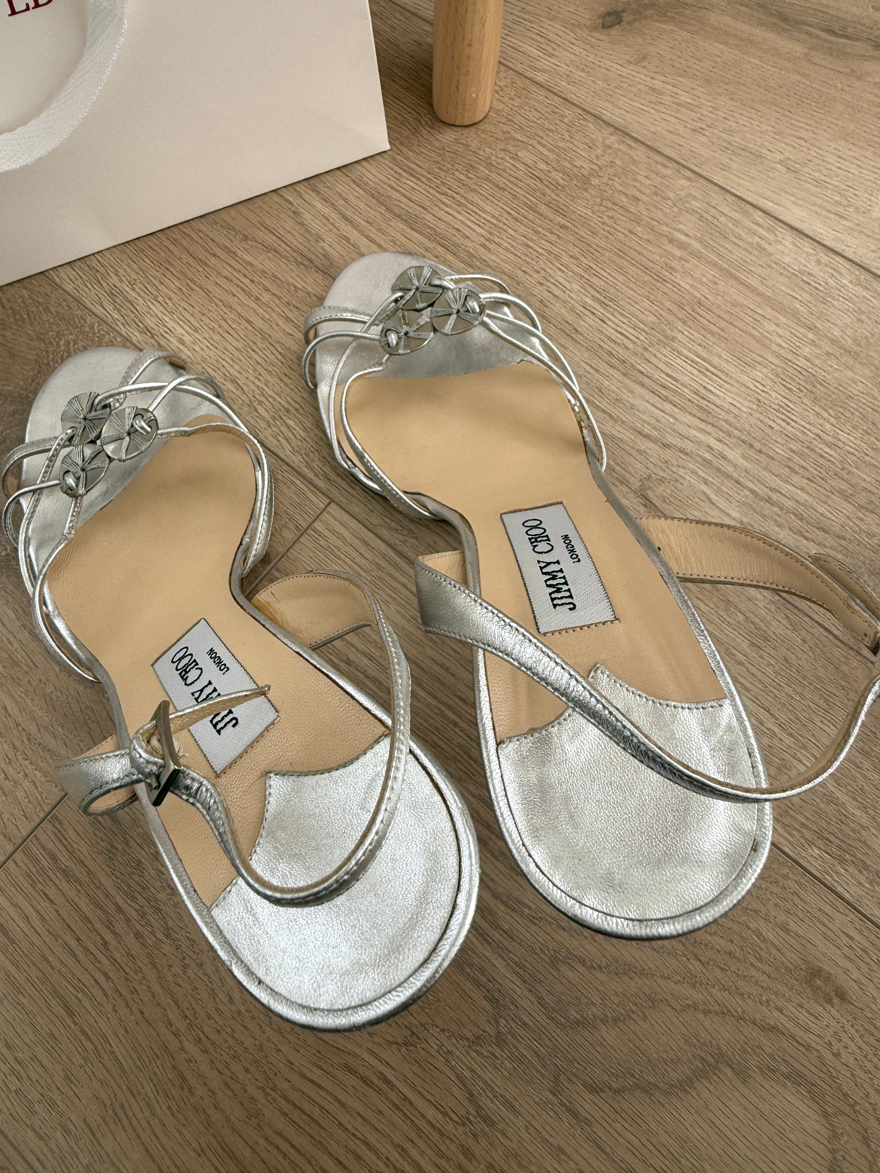 Jimmy Choo Silver Strappy Sandals with Crystal Detail – EU 39.5 / UK 6