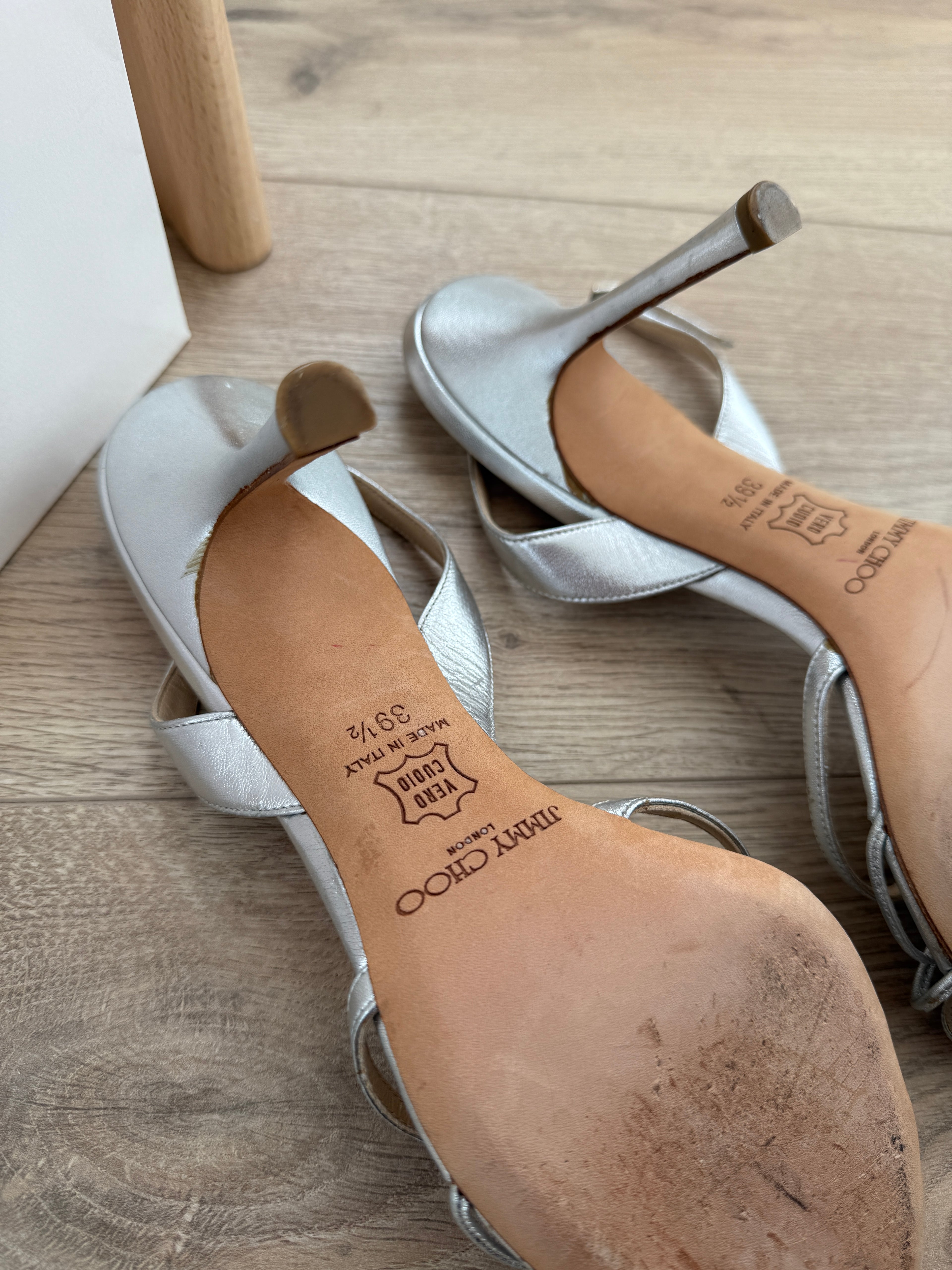 Jimmy Choo Silver Strappy Sandals with Crystal Detail – EU 39.5 / UK 6